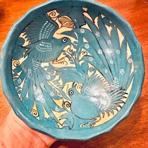 Handcrafted‎ Ceramic Bowl, Teal Blue Pottery Dish with Bird Design, Footed
